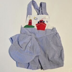 Vintage COLOR KIDS 12M Boy Sunsuit Hat Two-piece Ship Lighthouse Ocean Beach NWT